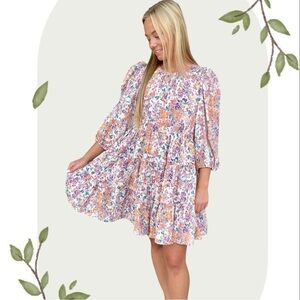 TCEC Pink Purple Floral Print Tiered Prairie Style Mini Dress- Size Small